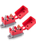 Two Pack 30A DC Circuit Breaker With Auto Reset For 12V And 24V Systems, Thermal Overcurrent Protection, Rugged Auto Reset Design, Easy Install With 10 32 Terminal Block, Perfect For Auto Marine RV Wiring And Power Circuits. Two red 30A DC auto-reset breakers with #10-32 terminal block and covers