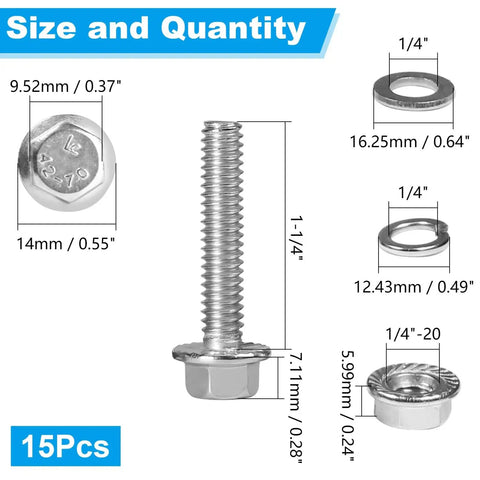 15 Set 1/4-20 X 1-1/4 Inch Flanged Hex Head Bolt And Nut Kit Built Tough With Genuine 304 Stainless Steel showing sizes and quantities of parts.