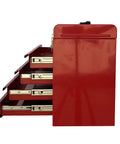 Side view of a Portable Metal Tool Chest With 4 Drawers 20 Inch Cabinet Ball Bearing Drawer Slides Double Latch Pad Lock System Full Length Piano Hinge 22 Gauge Steel Red, showcasing open drawers and closure mechanism.