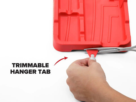 Set Of 2 Flexible Tool Trays Organizer For Screws Nuts Bolts Non Magnetic With Grab And Go Handles Spill Proof Storage For Home Garage And Workshop Red Heavy Duty with trimmable hanger tab being cut.