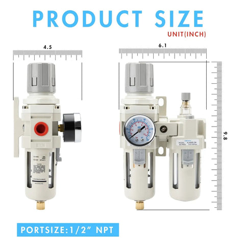 Half Inch NPT Air Compressor Water Separator Regulator Filter Dryer Combo with Gauge front and side view dimensions