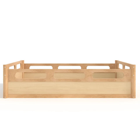 Natural wood Full Size Floor Platform Bed For Toddlers With Full Length Guardrails On Three Sides, low profile, no box spring needed