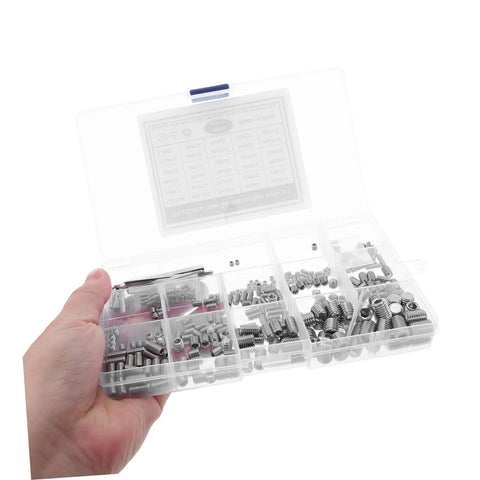 Hand holding 300Pcs Stainless Steel Grub Screw Set With Allen Wrenches Internal Hex Cup Point Screws Kit For Bathroom Fixtures