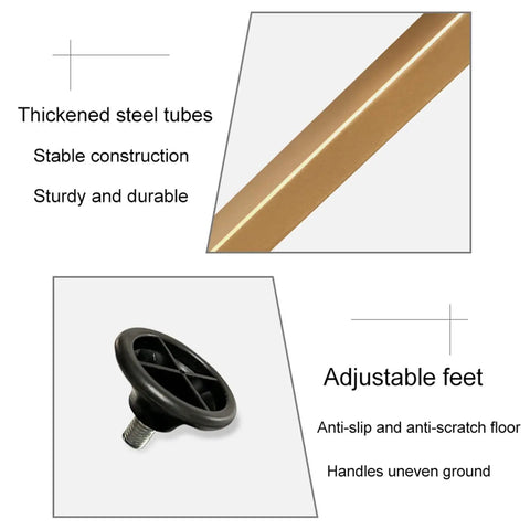 Close-up of heavy duty steel table legs featuring thickened steel tubes and adjustable feet for stability.