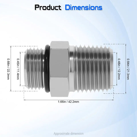 Hydraulic Hose Connector Adapter For Five Eighth Inch ORB Male To One Half Inch NPTF Male, Straight Fitting For Leak Free Hydraulic Line Connections, Precision Machined Durable Universal Compatibility. dimensioned carbon steel adapter with O-ring