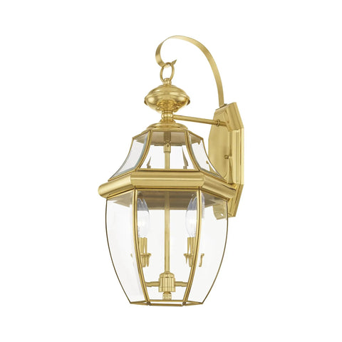 Monterey Two Light Outdoor Wall Lantern in Polished Brass Finish, Handcrafted Solid Brass Construction With Clear Beveled Glass