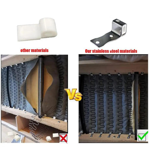 Solid Heavy Duty Stainless Steel Sofa Spring Clips And Couch Repair Kit 12 Piece Pack comparison of materials, showcasing stainless steel durability.