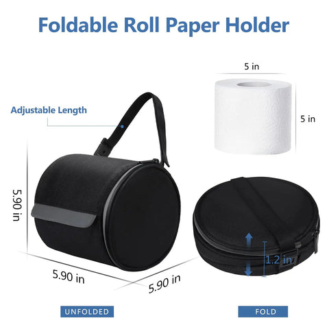 Waterproof Hanging Toilet Paper Holder Cat Proof Roll Case Storage Bag With Adjustable Strap, black, shown unfolded and folded view with toilet paper size