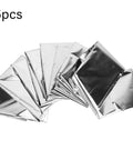 Five folded silver Emergency Survival Blanket Reflective Thermal Rescue Gear for Outdoor Camping and Hiking Waterproof Lifesaver Signal Blanket