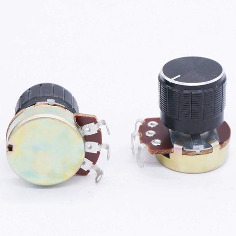 Wh138 100K Ohm Potentiometer Set Three Pack Single Turn Rotary Potentiometer with black knob caps, front and side view