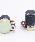Three Pack 1M Ohm Potentiometer Single Turn Rotary Linear Variable Potentiometer with Three Black Aluminum Alloy Knob Set for DIY Audio Gear Instrument and Electronics Projects, two-angle view