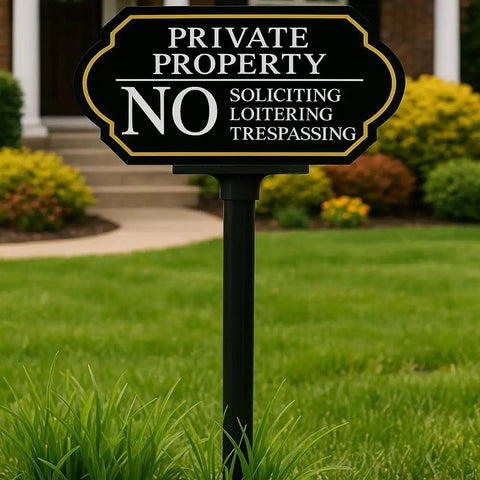 Outdoor No Trespassing No Soliciting Sign With Stake For Private Property in garden setting