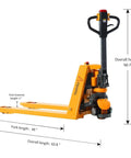 3300Lb Electric Pallet Jack With Li-ion Battery And Split Rocker Arm Forks Measure 48 By 27 Inches side view with dimensions