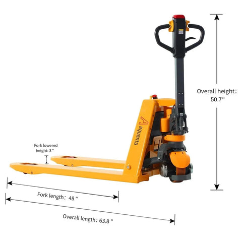 3300Lb Electric Pallet Jack With Li-ion Battery And Split Rocker Arm Forks Measure 48 By 27 Inches side view with dimensions
