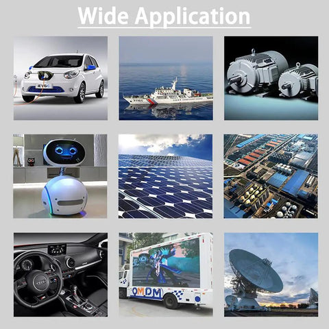 Collage of applications for 12V Or 24V To 5V 3A Buck Converter Power Supply Module, showing vehicles, robotics, solar panels, and industrial settings.