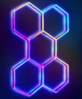 Remote-controlled hexagon RGB LED panels emitting vibrant colors, part of the 24 Pack Remote Hexagon RGB LED Panels Ceiling Lights With 358 Modes IP54 For Party And Gaming Easy Remote Control Color Changing Dimmable Lights To Create A Dope Home Theater Vibe Or Garage Setup.