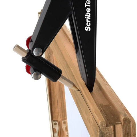 Straight Shooting Scribing And Compass Tool With Flex Head, Spring Locked Precision Tip, No Sweat Grip Adapter, Pop Out Sharpener, Heavy Duty Layout Gauge For Woodworking And Drywall Projects, close-up of tool on wood.