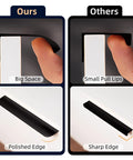 Comparison of 5 Pack Adhesive Edge Finger Pulls For Cabinets vs other pulls, showcasing big space and polished vs small lip and sharp edge.