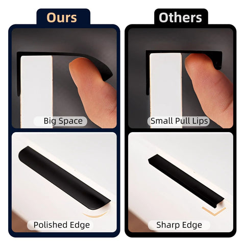 Comparison of 5 Pack Adhesive Edge Finger Pulls For Cabinets vs other pulls, showcasing big space and polished vs small lip and sharp edge.