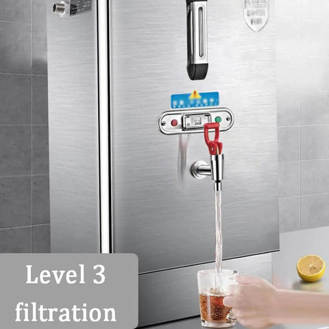 No Fuss Commercial Hot Water Boiler And 40L Stainless Steel Dispenser With 3Kw Fast Heat Element Auto Refill System Plus Digital Thermometer And Anti Dry Burn Safety For Cafe Or Office Daily Grind pouring water into a cup.