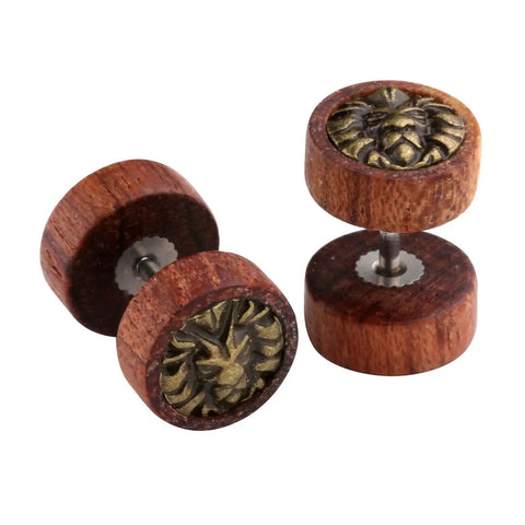Three Pairs Organic Sono Wood Fake Ear Plugs Cheater Gauges 10Mm Illusion Screw Stud Earrings With Lion Head Design