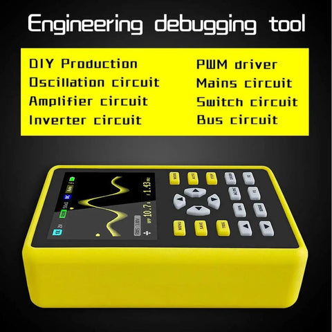 Handheld USB Digital Oscilloscope 5012H With 2.4 Inch IPS LCD 500MS Per Second Real Time Sampling 100MHz Bandwidth Waveform Storage On The Go Portable Pro Grade Scope Kit With Protective Case For Field And Lab Use, shown in yellow case with display and buttons.