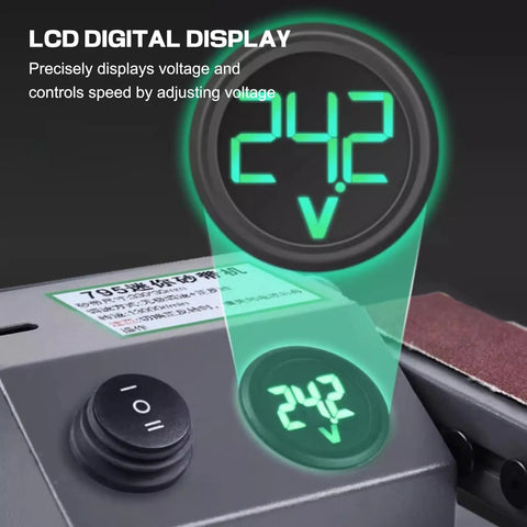 LCD digital display showing voltage at 24.2V for the Versatile Wet Dry Belt Sander With Water Attachment For Minimal Dust Grinding And Polishing Metal Wood Plastic Acrylic Stone Adjustable Speed Up To 13000Rpm Includes Ten Abrasive Belts For Precision DIY Projects And Professional Finishing Tasks.
