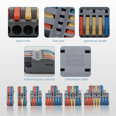 Close-up view of a 52 Piece Wire Connectors Kit For 28 12 AWG Quick Connect Lever Nuts, showing components and flame-resistant material.