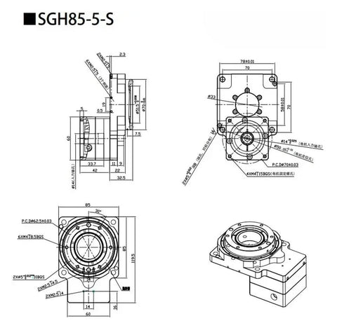 Technical drawing of Hollow Shaft Rotary Actuator 85 With 360 Degree Rotating Table And 10 18 Ratio for Nema 23 Stepper Motor.
