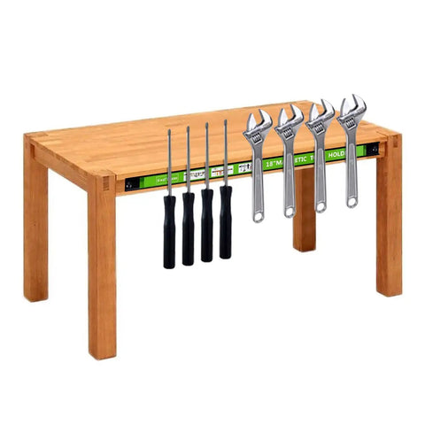 Heavy Duty Magnetic Tool Holder Kit 8 Pack 18 Inch Tool Bars with screwdrivers and wrenches displayed on a wooden workbench