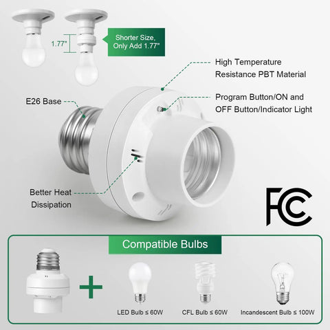 Remote Control Light Socket With 200ft Range Turns Lights On From Across The Room No Wiring Needed Easy Plug And Play Wireless Wall Mount Switch For Pull Chain Fixtures E26 E27 Lamp Socket FCC Listed with focus on bulb compatibility and features