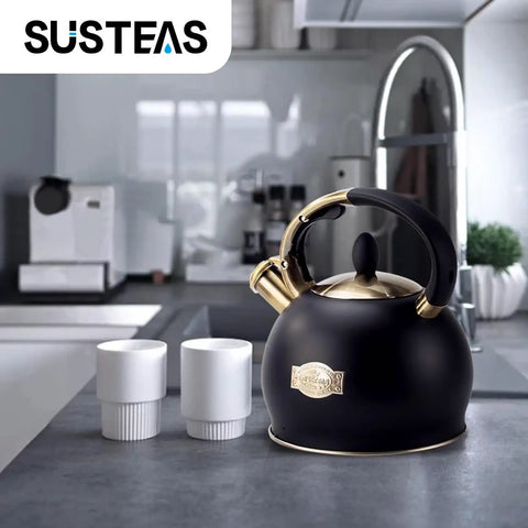 Stove Top Whistling Tea Kettle 2.64 Quart With Food Grade Stainless Steel Teakettle And No Sweat Cool Touch Ergonomic Handle, Push Button Pouring, Includes Silicone Mitt, Black Finish.