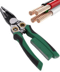 Badafaci 8 In 1 Wire Stripper Voltage Tester Multifunctional Crimping Cutting Pliers Electrical Tool with green rubber grips.