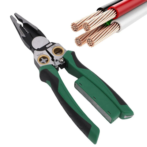Badafaci 8 In 1 Wire Stripper Voltage Tester Multifunctional Crimping Cutting Pliers Electrical Tool with green rubber grips.