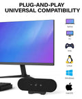 USB Powered Desktop Computer Speakers With 14W Total Output shown clamped on monitor, showcasing universal compatibility icons.