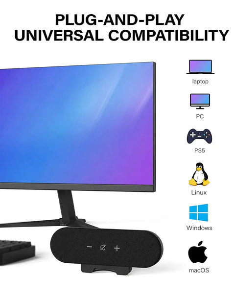 USB Powered Desktop Computer Speakers With 14W Total Output shown clamped on monitor, showcasing universal compatibility icons.