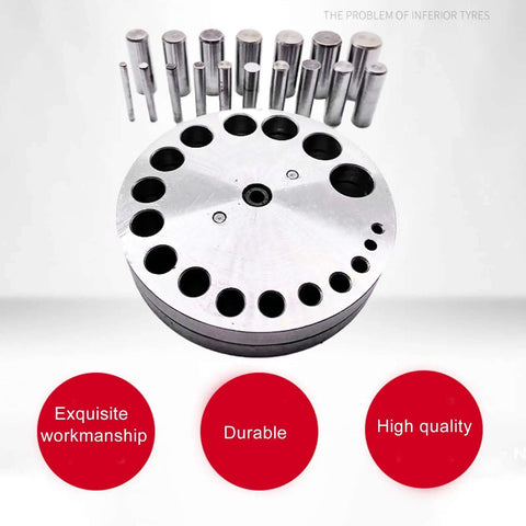 Disc Cutter Set Pro Grade 45 Steel Punch Tool with 17 Dies for Jewelry Making and Crafting, metal cutting kit with silvery finish.