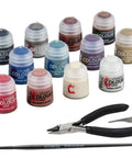 Warhammer 40K Paints And Tools Set For Miniature Painting Hobbyists Starter Kit Includes Base Paints Tools Brushes And Accessories For Quick Setup And Vibrant Detailing Like A Pro with colorful paint bottles, brush, cutter, and file