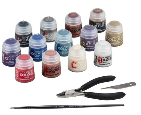 Warhammer 40K Paints And Tools Set For Miniature Painting Hobbyists Starter Kit Includes Base Paints Tools Brushes And Accessories For Quick Setup And Vibrant Detailing Like A Pro with colorful paint bottles, brush, cutter, and file