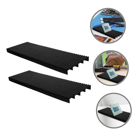 Two Piece Static Bar Rack for Circuit Boards ESD Safe Mount Tray with strip design and PCB examples shown in use.