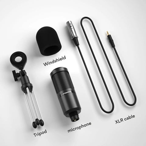 Condenser Microphone For Home Studio With Cardioid Pickup, Crystal Clear Podcasting And Streaming Mic, 3.5mm XLR Output components.