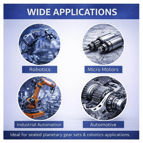 Applications for Pro Grade Low Noise Lithium Complex Gear Grease in robotics, micro motors, industrial automation, and automotive.