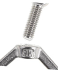 Close-up of Six Piece M6 Stainless Steel Flange Butterfly Screws Kit With Holes For Locking And Fixing Electronics And Machinery