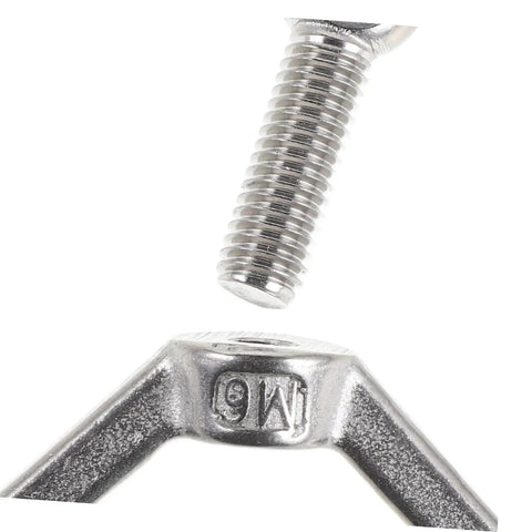 Close-up of Six Piece M6 Stainless Steel Flange Butterfly Screws Kit With Holes For Locking And Fixing Electronics And Machinery