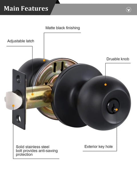 Matte Black Door Knobs With Lock And Keys For Interior Exterior Entry Doors ANSI Grade 3 stainless steel features diagram
