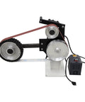 Shop Tough Variable Speed Belt Sander And Metal Polisher Featuring Three Grinding Wheels, showing motor and pulley system.
