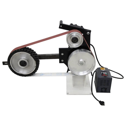 Shop Tough Variable Speed Belt Sander And Metal Polisher Featuring Three Grinding Wheels, showing motor and pulley system.