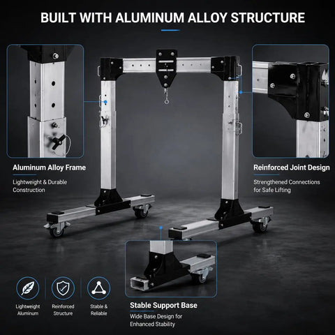 Heavy Duty Portable Aluminum Gantry Crane Rock Solid 2 Ton Lifting Rig with reinforced joint design and stable support base.