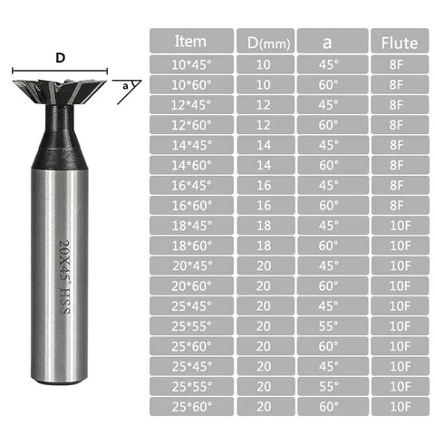 One dovetail milling cutter with 20x45 HSS marking; high-speed steel CNC router bit for slotting.