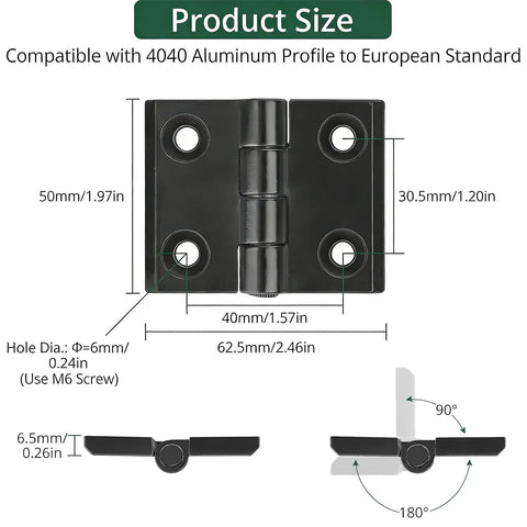Dimensions of 2 Pack 4040 Zinc Alloy Hinges For Aluminum Extrusion Profiles 180 Degree Adjustable Folding Door Hinge